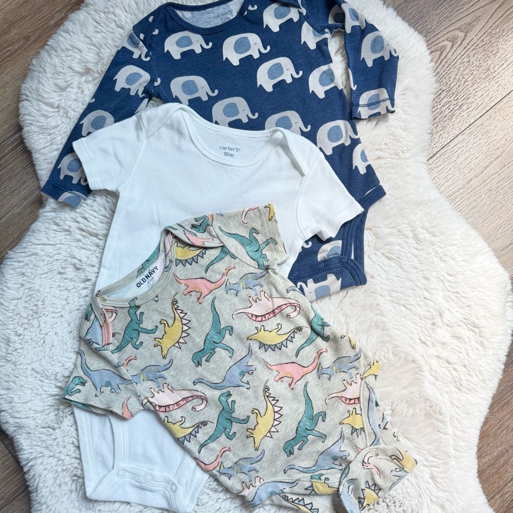 3 Onesies 12-18 mos Dinosaur and Elephant Baby Onesies Set